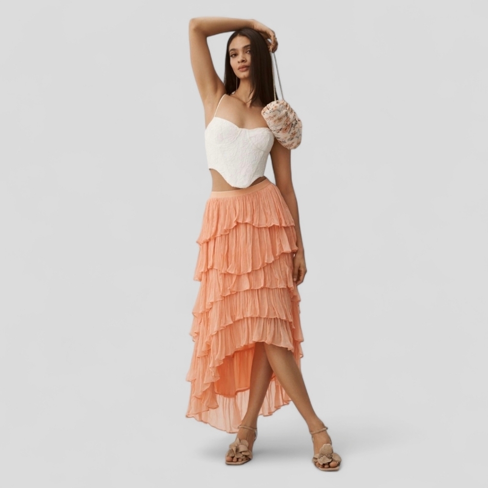 Anthropologie Maxi Skirt Fine Mesh Tiered Ruffled Hi Low Dusted‎ Cor Sz XL